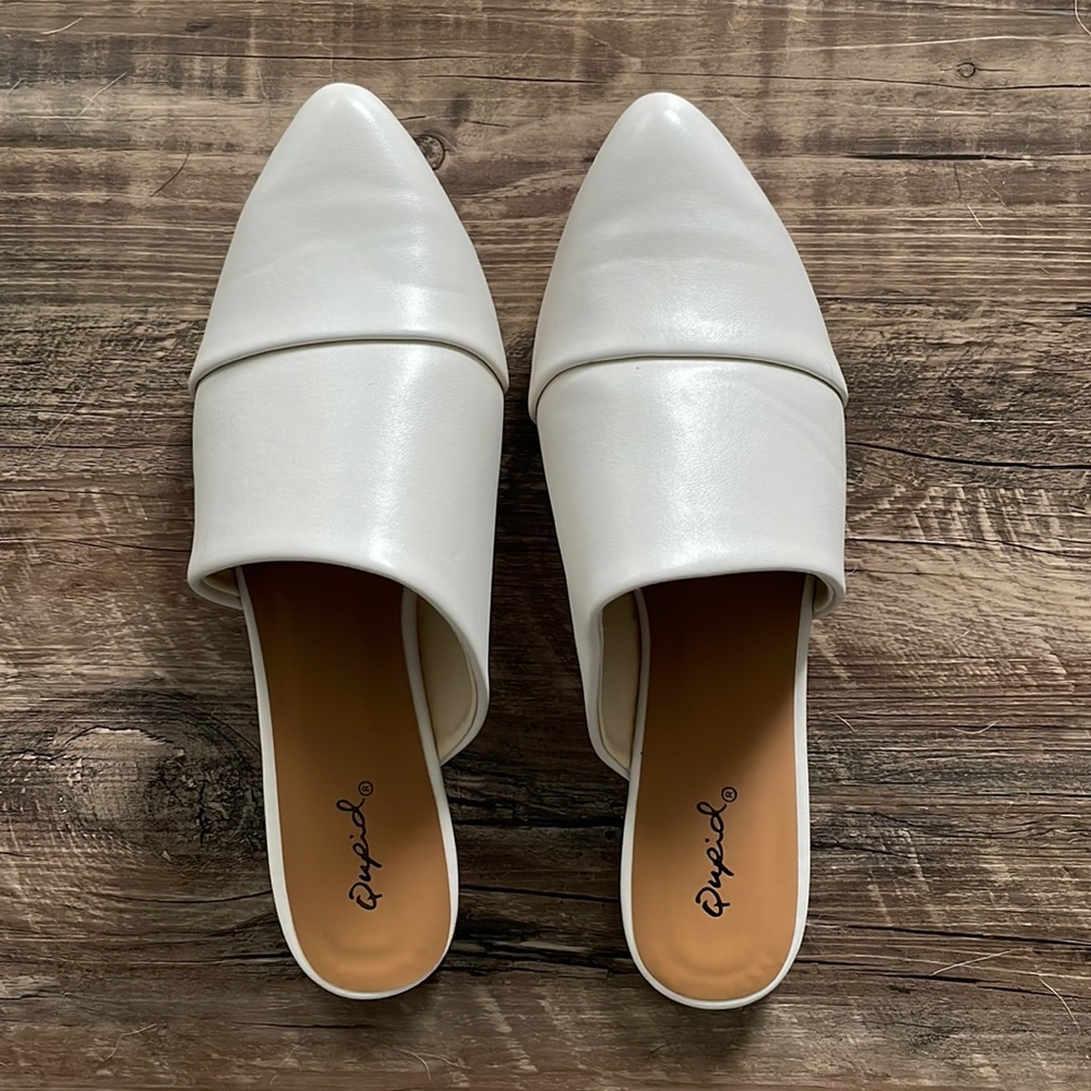 White faux leather mules